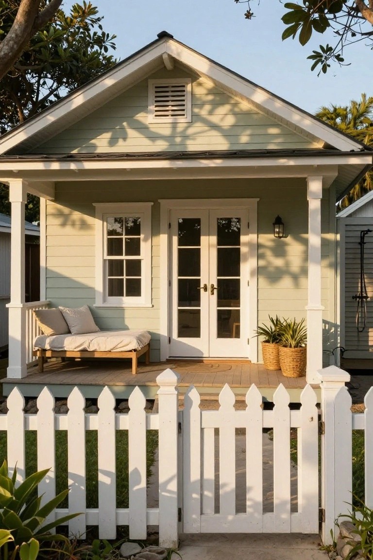 Small mint-green clapboard cottage with white trim, gabled roof, front porch with bench and pillows, potted plants, and white picket fence gate.