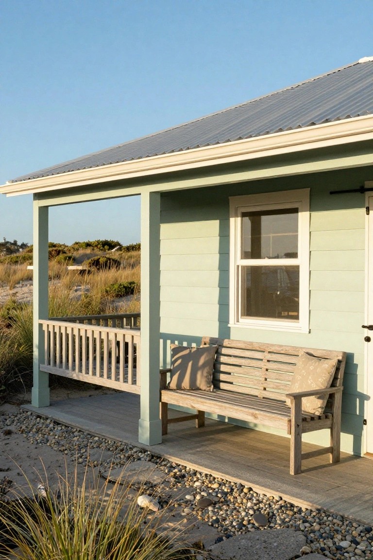 Mint green clapboard beach cottage exterior with covered porch, wooden bench with cushions, white-framed window and door, gravel path, dune grasses, and blue sky.
