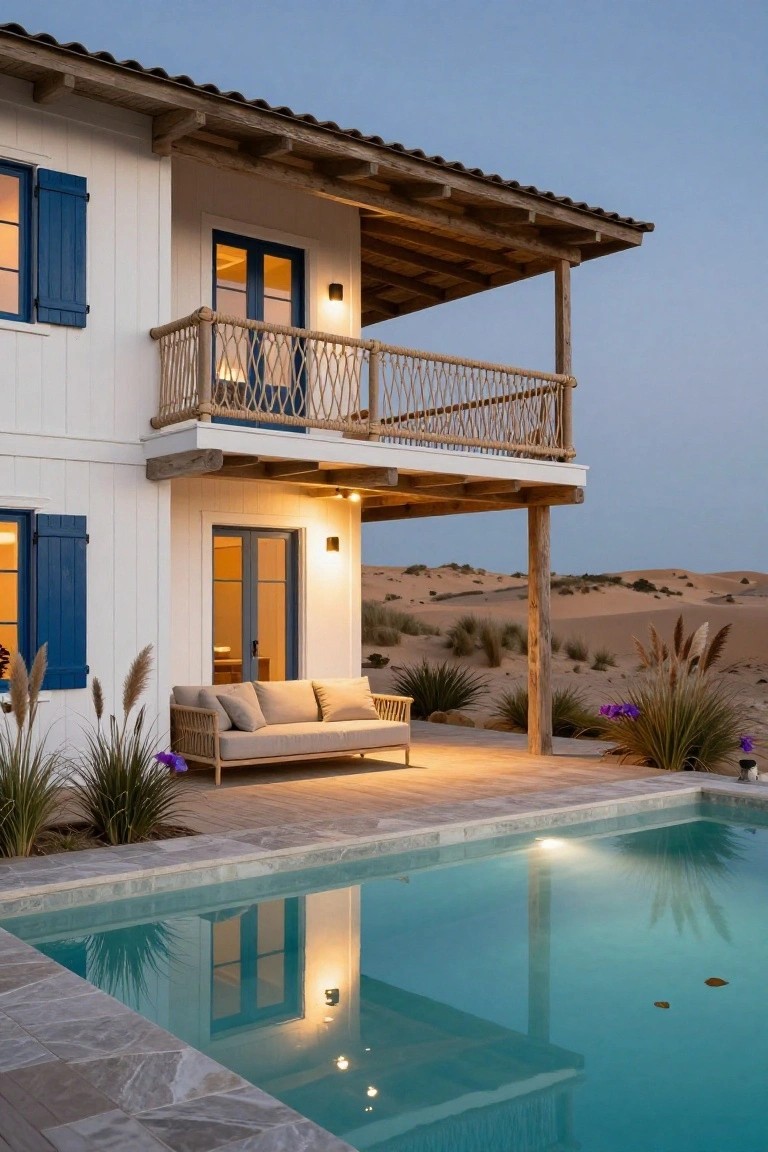 White stucco beach cottage exterior featuring blue shutters, a wooden balcony with woven rope balustrades, an adjacent turquoise pool, pampas grass plantings, and sand dunes at dusk.