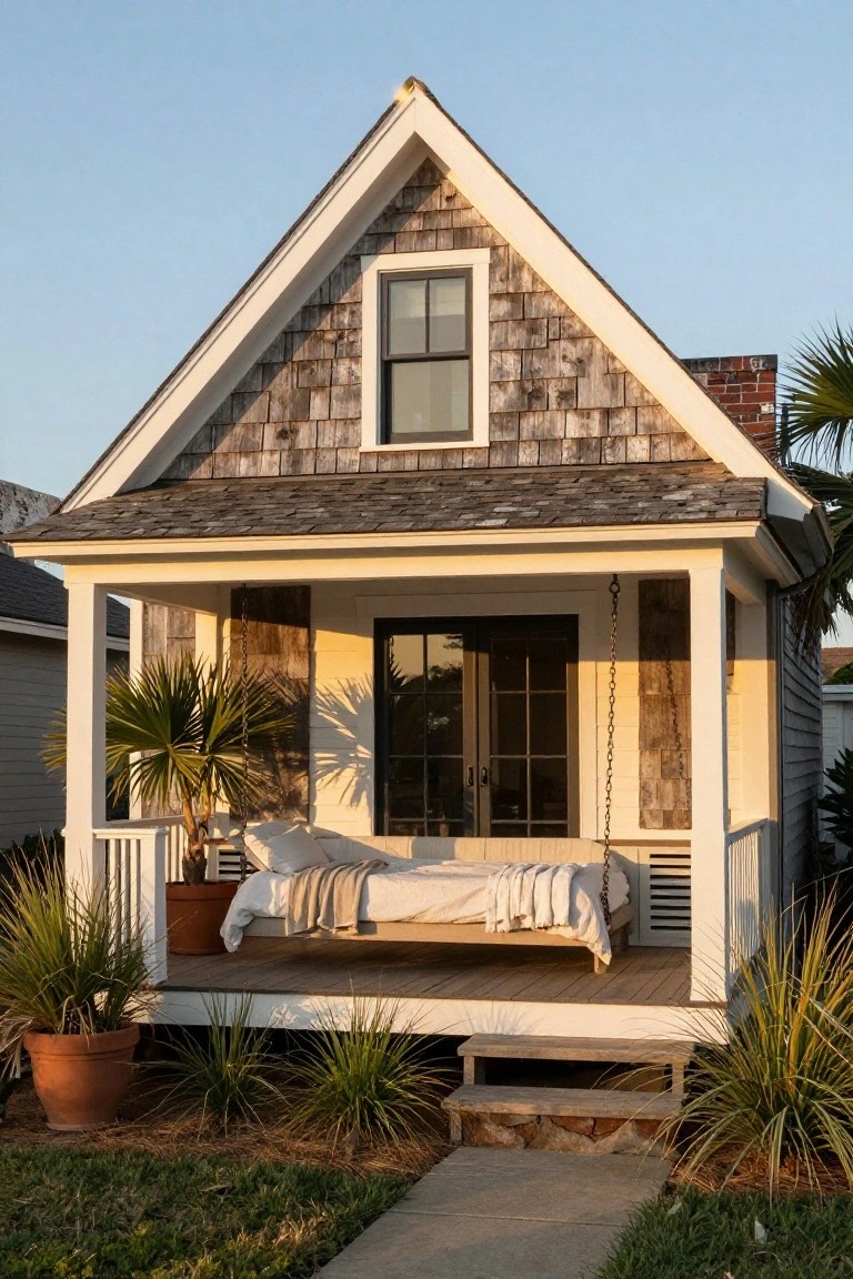 Small gabled beach cottage with dark shingle siding, white trim and porch, hanging bed swing on porch, potted palms and grasses nearby, stone entry path on lawn.