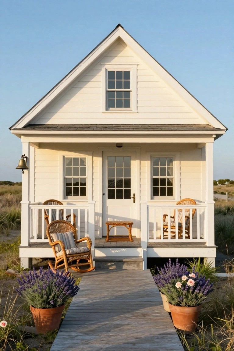 Small white clapboard beach cottage elevated on pilings with a covered front porch holding two wicker rocking chairs with cushions, a small wooden table, and large terracotta pots of lavender flanking a wooden boardwalk path through sand dunes.