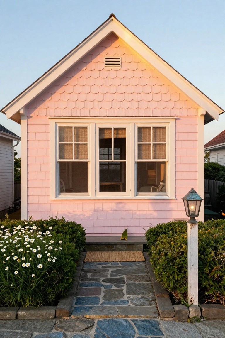 Pink scalloped shingle siding on a small gabled cottage with white trim, large central triple window with blinds, stone entry path, shrubs with white daisies, copper lantern post, and adjacent white houses.