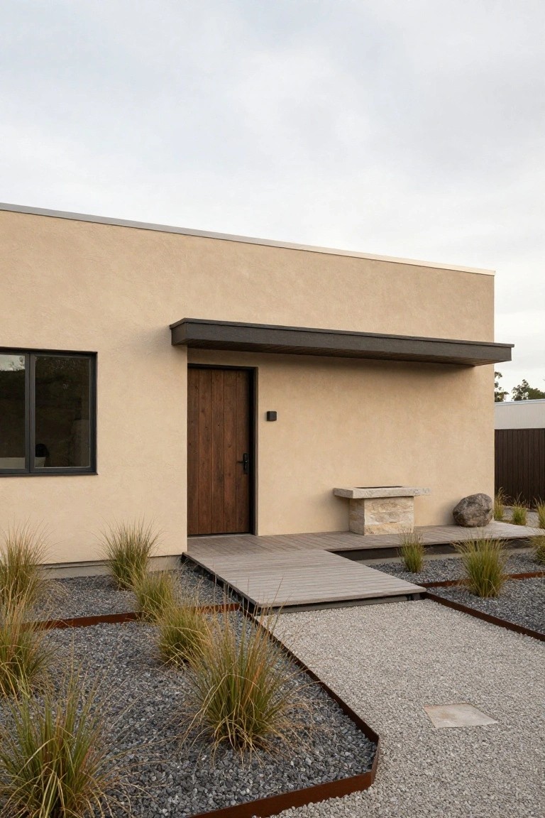 Beige stucco house exterior with black-framed window, dark vertical-plank wooden front door under cantilevered black awning, stone bench and boulder beside wooden deck step leading to gravel path edged by grasses and metal borders.