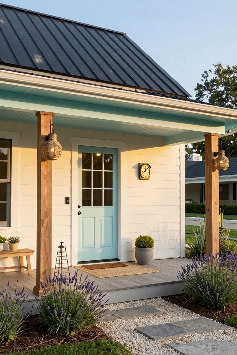 White shiplap-sided cottage with turquoise paneled door, wooden porch posts hung with rattan lanterns, wall clock beside door, potted plants on bench, boxwood topiary, seagrass doormat, and lavender shrubs along gravel-and-stone steps under dark metal roof.