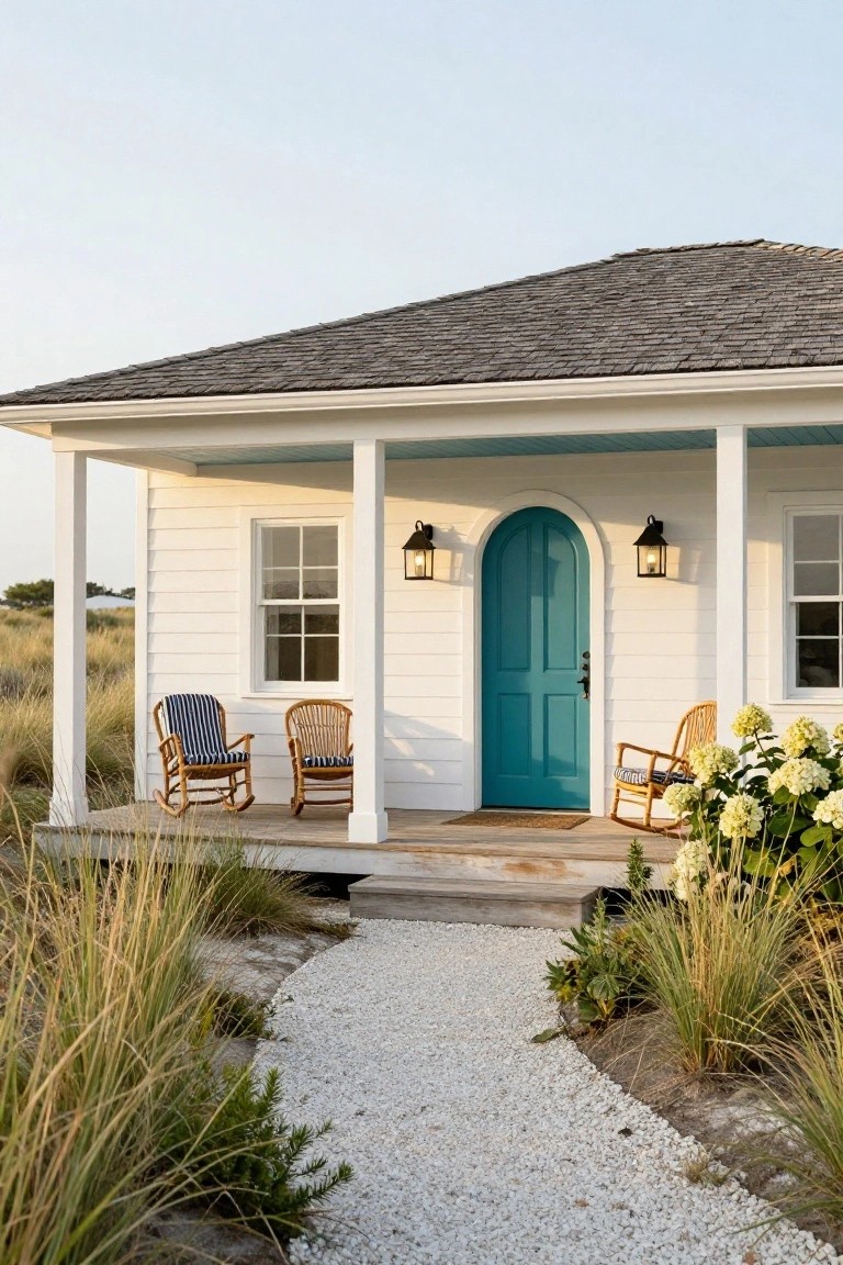 White shingled beach cottage with turquoise arched front door, flanked by lanterns, porch with wicker rocking chairs, hydrangeas nearby, gravel path, and surrounding dune grass.