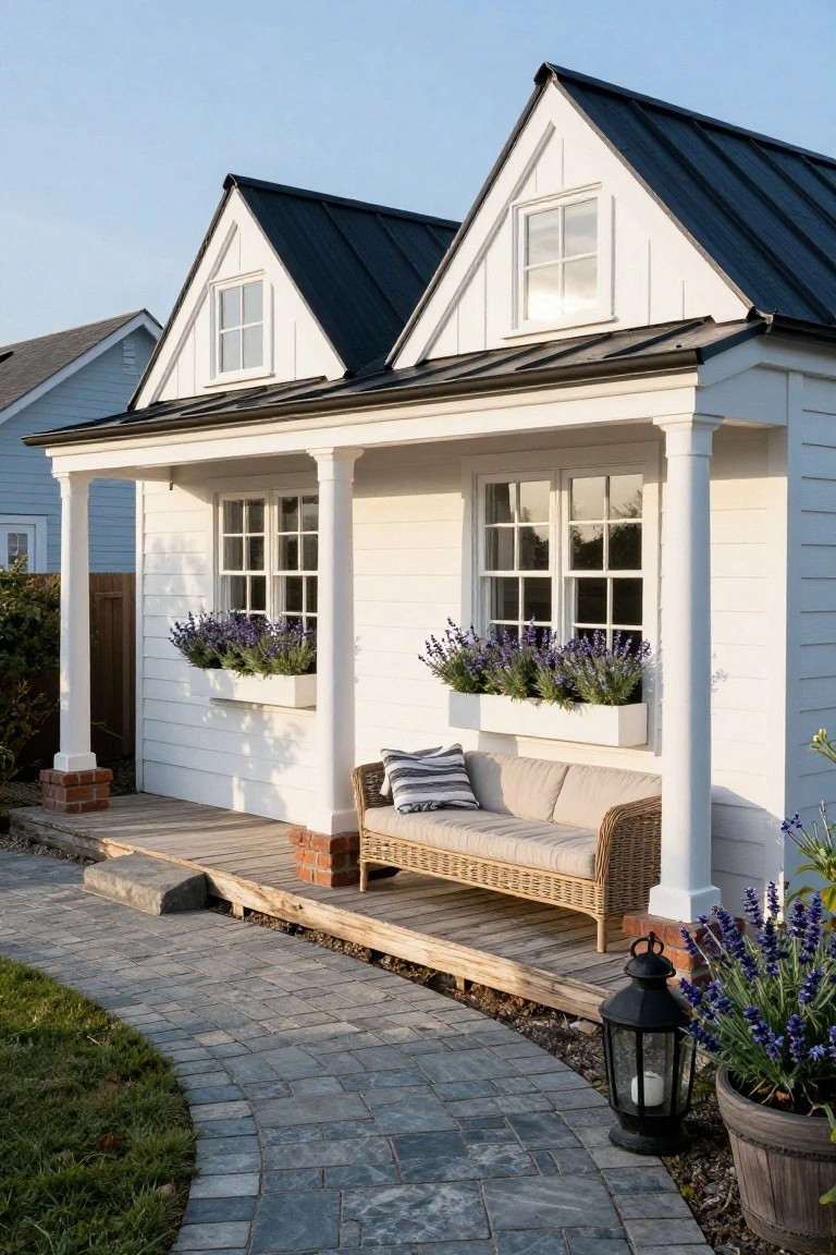 White board-and-batten gabled cottage with black metal roofs, covered front porch supported by columns, beige wicker sofa with striped pillows, white window boxes filled with purple lavender flowers, curved gray paver pathway leading to wooden deck steps, black lantern, and potted plants beside a green lawn.
