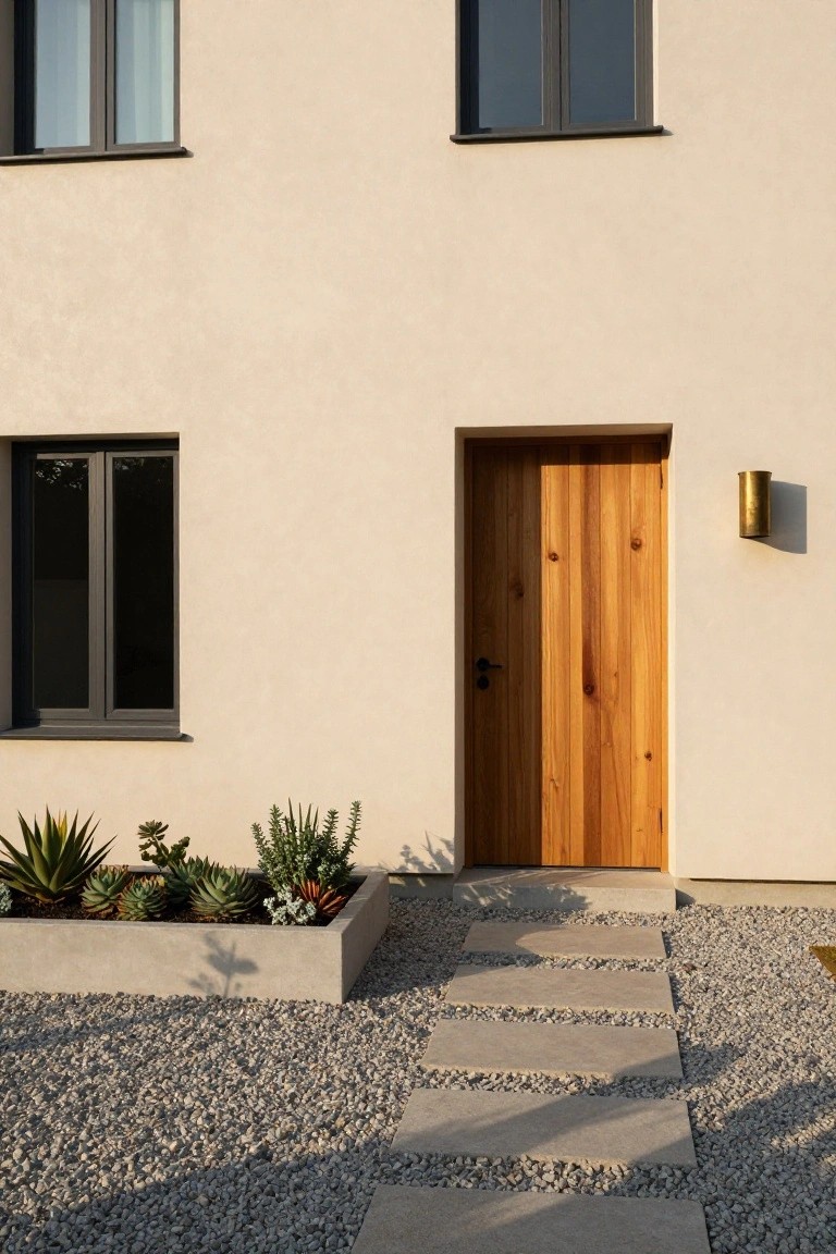 Beige stucco house exterior with tall vertical wooden front door, dark-framed windows, brass wall sconce, concrete steps, gravel path, and raised succulent planter.