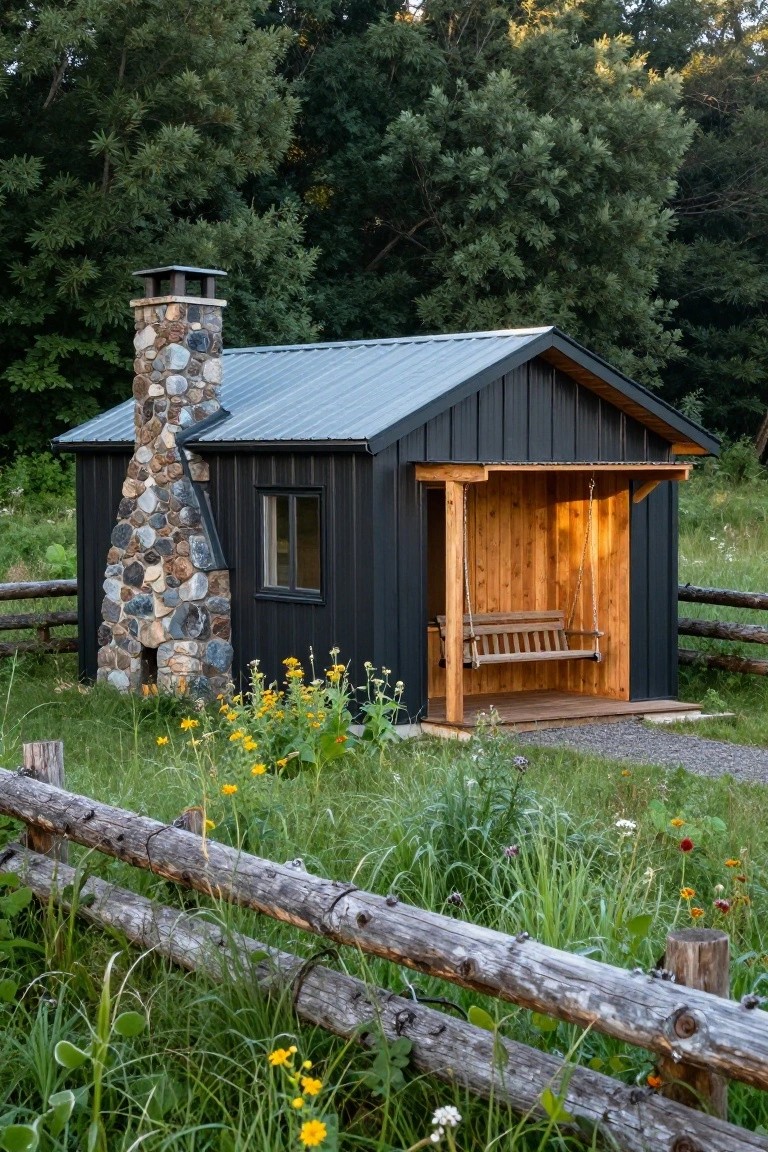 Small black metal-sided cabin with gray metal roof, tall stone chimney, wooden covered porch with hanging swing bench, wooden fence, wildflowers and grass in foreground, trees in background.