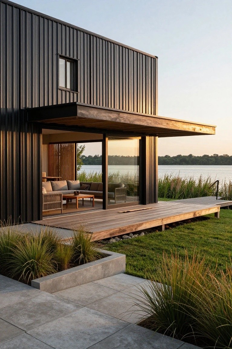 Exterior corner of a black corrugated metal house with wooden deck, overhang, and sliding glass doors overlooking a lake, flanked by grasses and concrete planters on a paved area.
