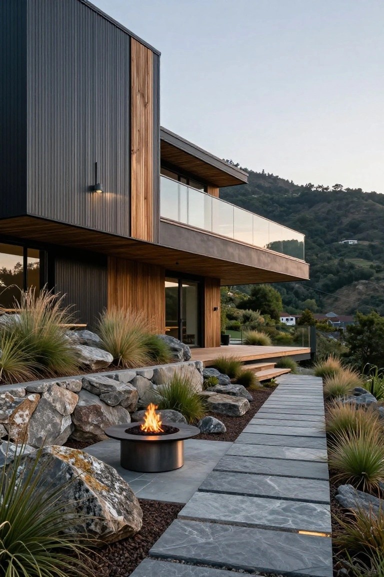 Modern two-story house on a hillside with black corrugated metal siding, vertical wood cladding, glass balcony, wooden deck, stone retaining wall, fire pit, paver pathway, and grasses surrounded by rocky terrain.