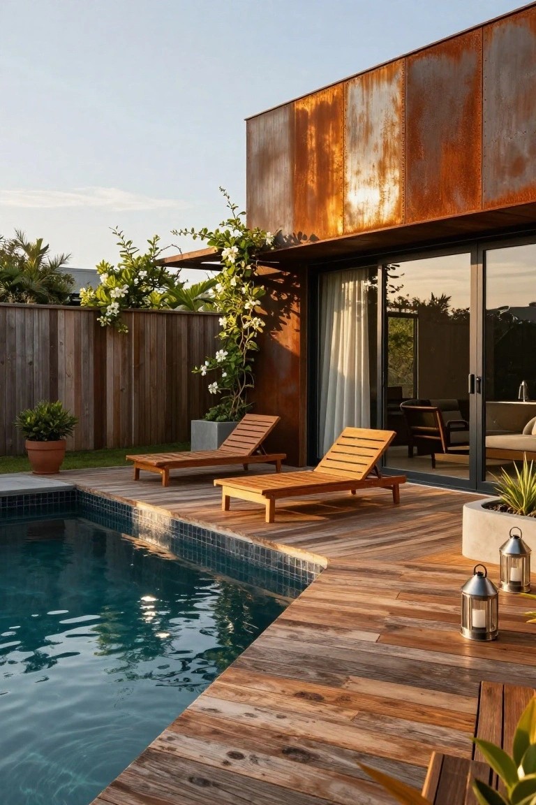 Swimming pool with wooden decking along one edge, two wooden loungers on the deck, rusted metal house wall with glass sliding doors, potted plants, wooden fence, and hanging lanterns.