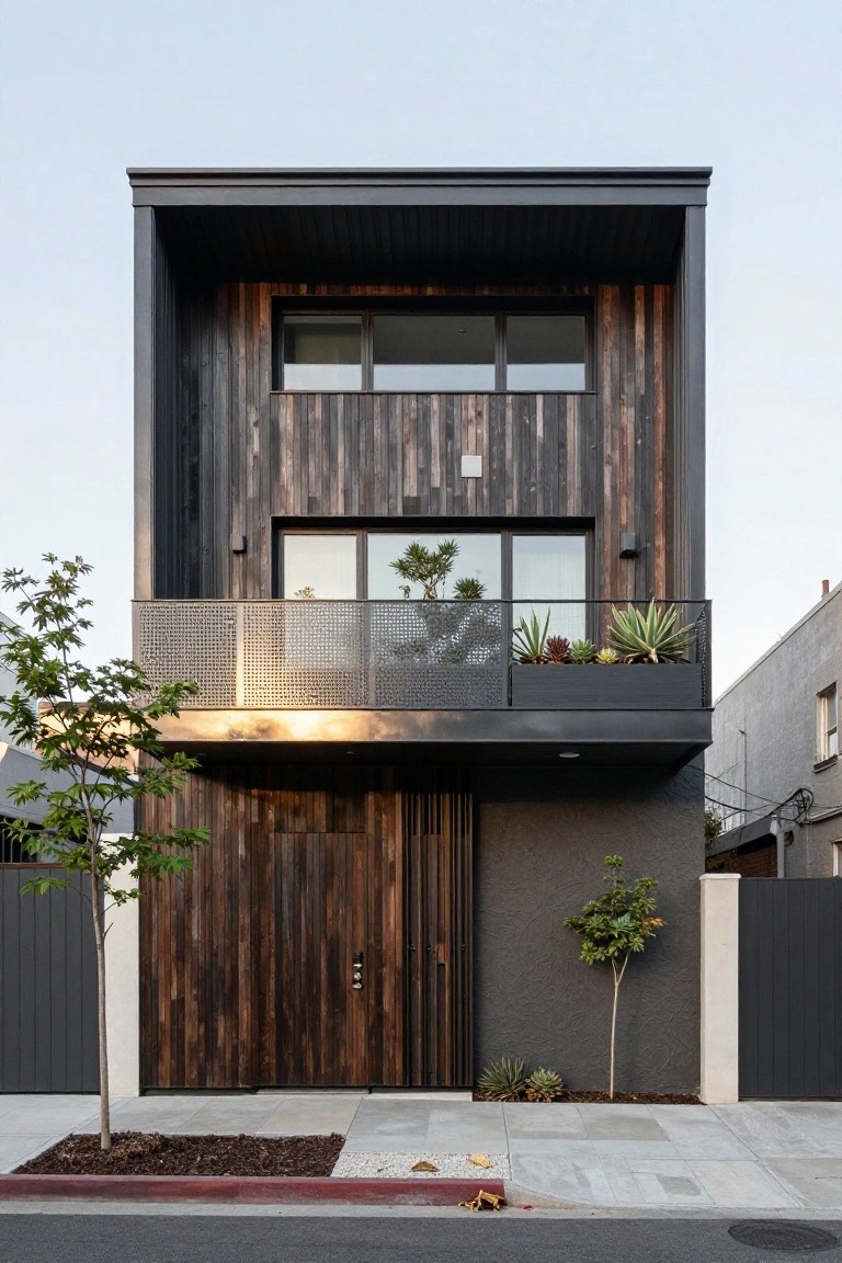 Two-story modern house exterior with dark vertical charred wood cladding, black metal window frames and balcony railing with potted succulents, wooden front door, small trees nearby, on a street with concrete paving.