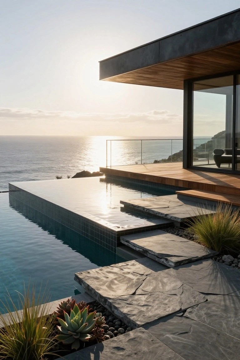 Modern black metal house cantilevered over a turquoise infinity pool on a wooden deck with stone steps, grasses, succulents, and ocean view at sunset.
