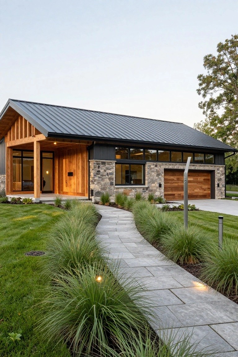 House exterior with dark standing-seam metal roof, wood-clad entry portico supported by timber beams, large glass panels, stone foundation and accents, wooden garage door, concrete paver walkway lined with ornamental grasses, and manicured lawn.