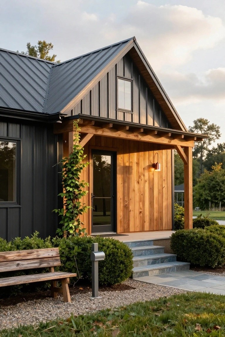 Side exterior of a house with dark gray metal siding and standing-seam roof, wooden porch with cedar door and beams, ivy vine on post, boxwood shrubs, stone steps, gravel path, and wooden bench.