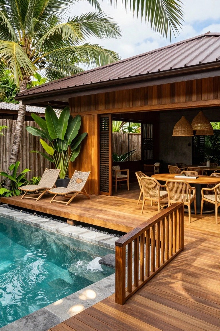 Tropical house with corrugated metal roof and wooden walls opens onto a raised wooden deck with two rattan lounge chairs, adjacent to a rectangular pool with stone edging and pebble surround, surrounded by palms and banana plants.