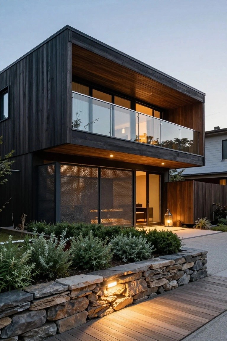 Two-story modern house exterior with dark vertical wood cladding, cantilevered upper level and glass balcony, louvered metal screen over entry doors, stone retaining wall with shrubs, wooden pathway, and dusk lighting.