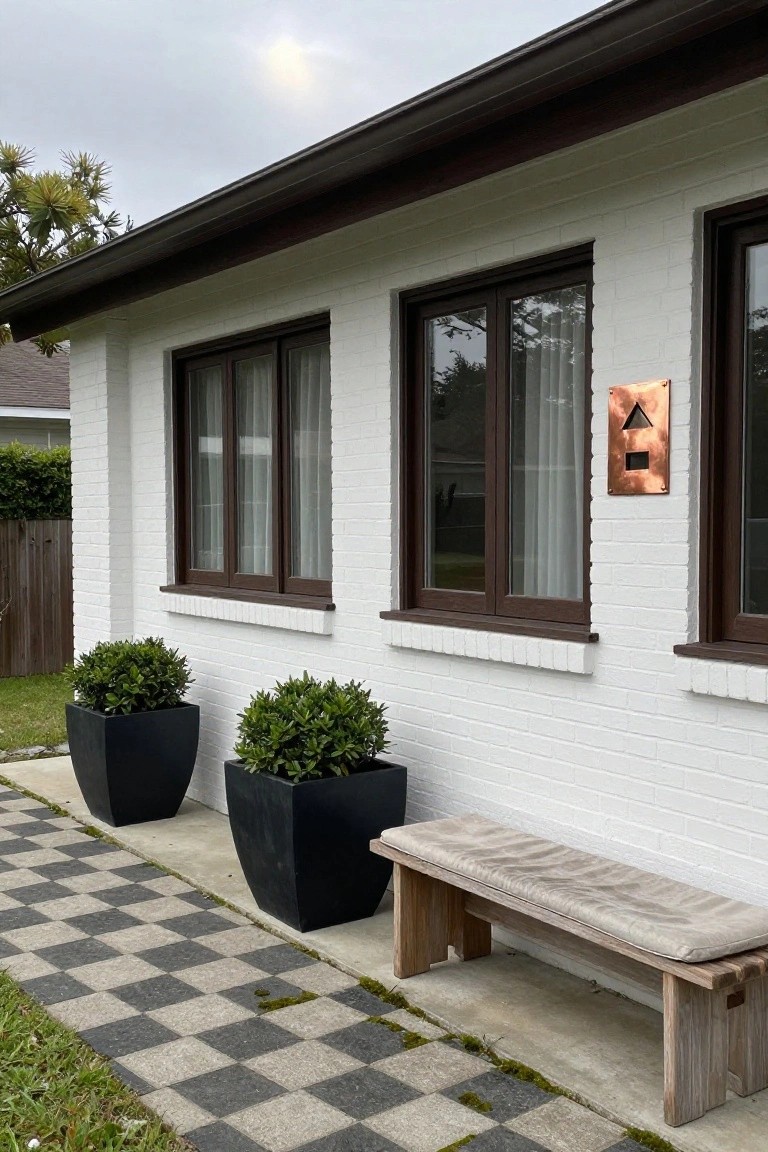 White brick house exterior featuring brown-framed windows, a copper plaque with triangular cutout mounted on the wall, two black pots with shrubs, a wooden bench with beige cushion, and a checkered gray and black stone pathway.
