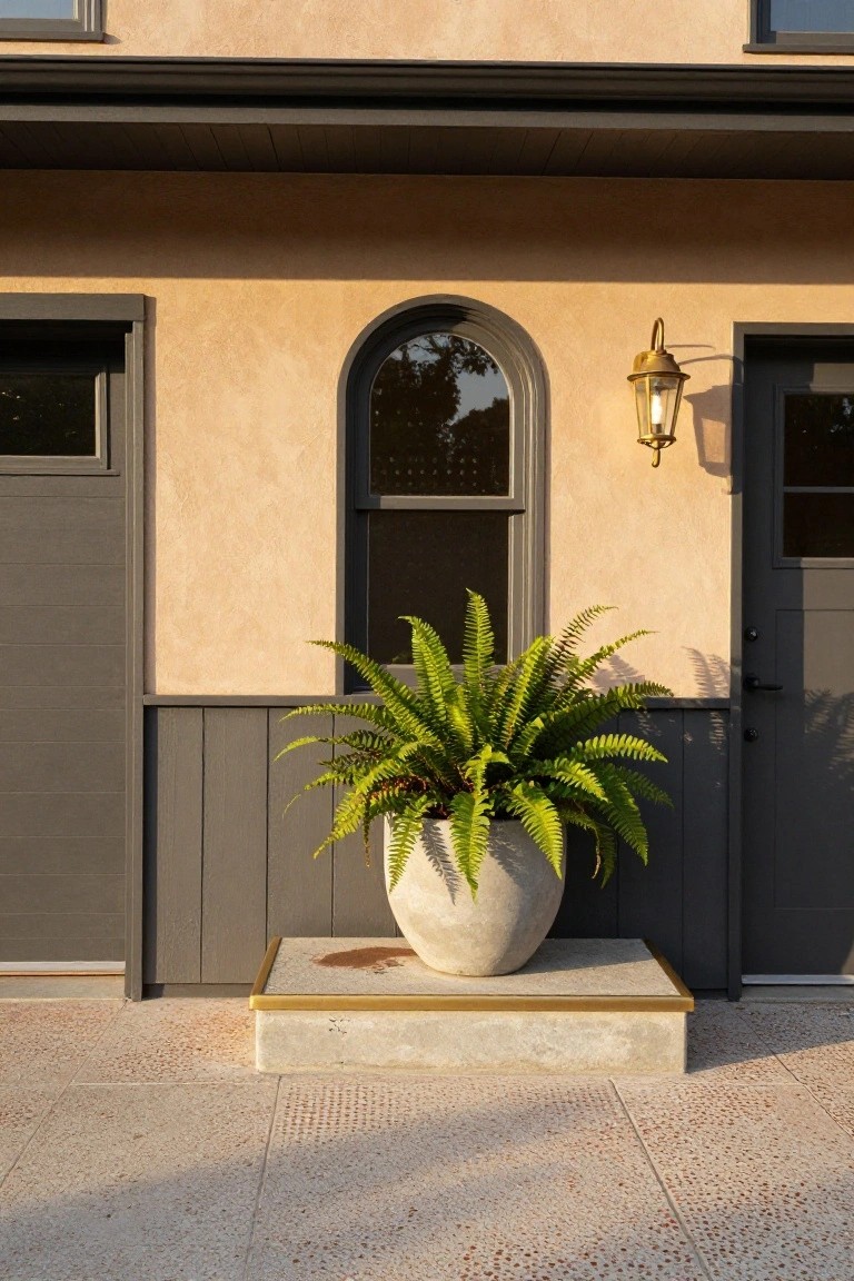 Beige stucco house exterior featuring two dark gray garage doors, a central arched window, brass lantern light, and a large potted green fern in a white ceramic pot on a raised stone platform between the doors.