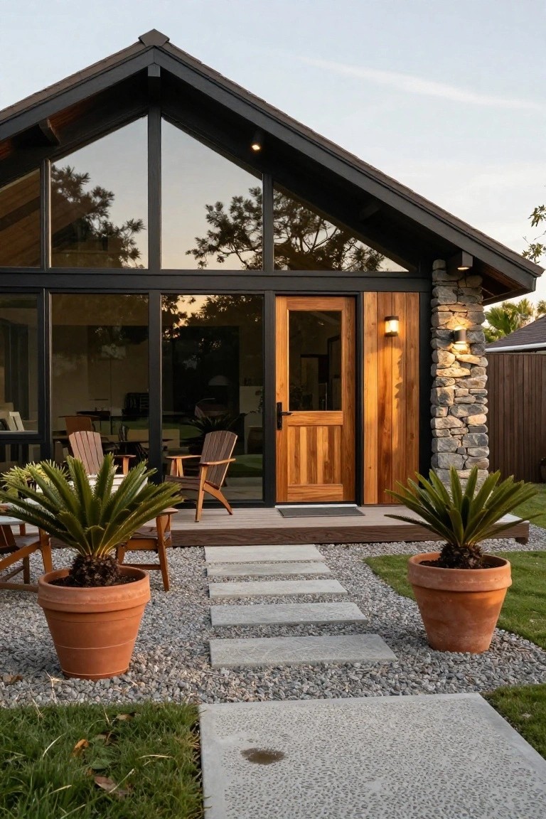 Modern gabled house exterior with black-framed triangular glass walls, cedar wood entry door and cladding, stone pillar, two Adirondack chairs on a patio, potted palms, and concrete stepping stones leading to the door.