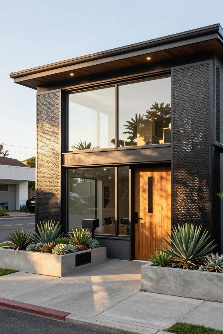 Modern two-story house exterior with dark perforated metal panels on the sides flanking large glass windows and a wooden entry door, concrete planters filled with succulents along the front sidewalk.