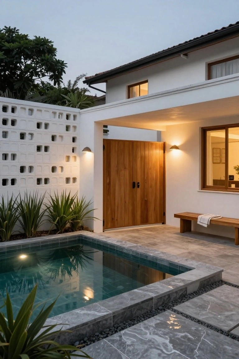 Modern white house exterior at dusk with tall concrete block screen wall, wooden double entry doors, wall-mounted lights, small lit green-tiled plunge pool, wooden bench with white towel, agave plants, and gray marble-look pavers.