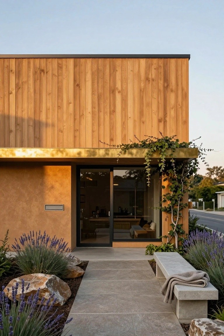 Modern house front with vertical golden wood cladding on the upper facade, textured ochre stucco lower wall, brass awning over glass entry doors, concrete bench on paver path lined by lavender plants and rocks.