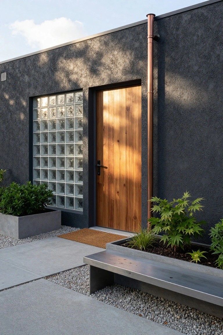 Modern house exterior with dark textured gray stucco wall, wooden front door, glass block window beside it, copper downspout, potted shrubs, metal bench, and gravel path in front.