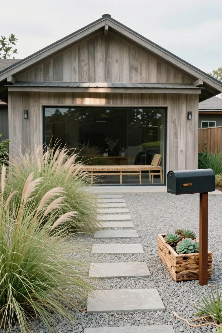 Front exterior of a gabled house with light gray vertical wood siding, large glass garage-style door, flanked by tall ornamental grasses, a gravel yard with concrete stepping stone path, wooden planter of succulents, and black mailbox on post.
