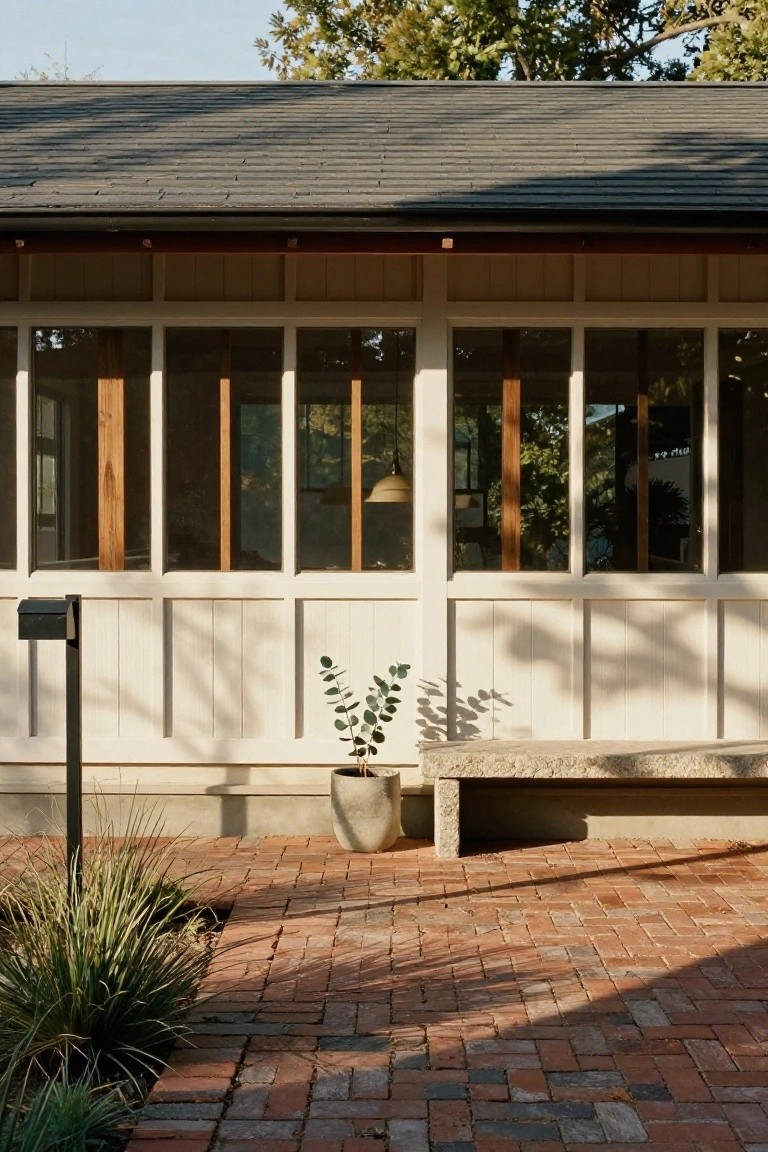 Exterior view of a house with white vertical board-and-batten siding, large wood-mullioned windows, dark gray standing-seam roof, brick paver pathway, concrete bench, potted eucalyptus plant, black mailbox post, and ornamental grasses.