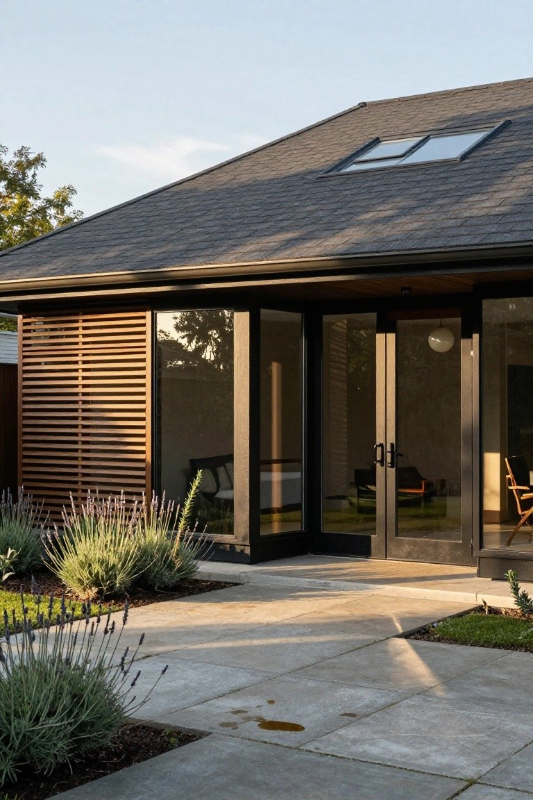Exterior of a modern house with a dark shingled roof, large black-framed glass double doors at the entry, adjacent wooden slat screen panels, concrete paver terrace, and lavender plants in the landscaping.