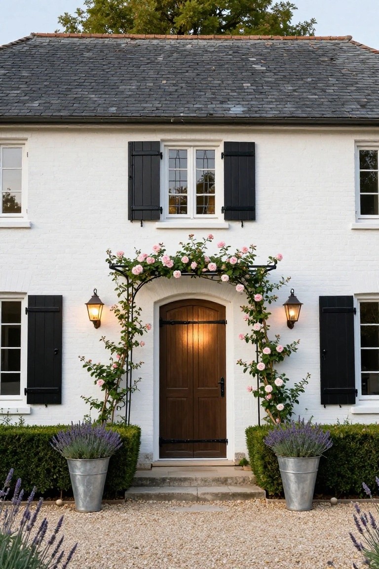 White painted brick two-story house exterior with black shutters, arched wooden front door under a metal arch covered in pink climbing roses, flanked by black lanterns and lavender plants in metal buckets on gravel path with boxwood hedges.