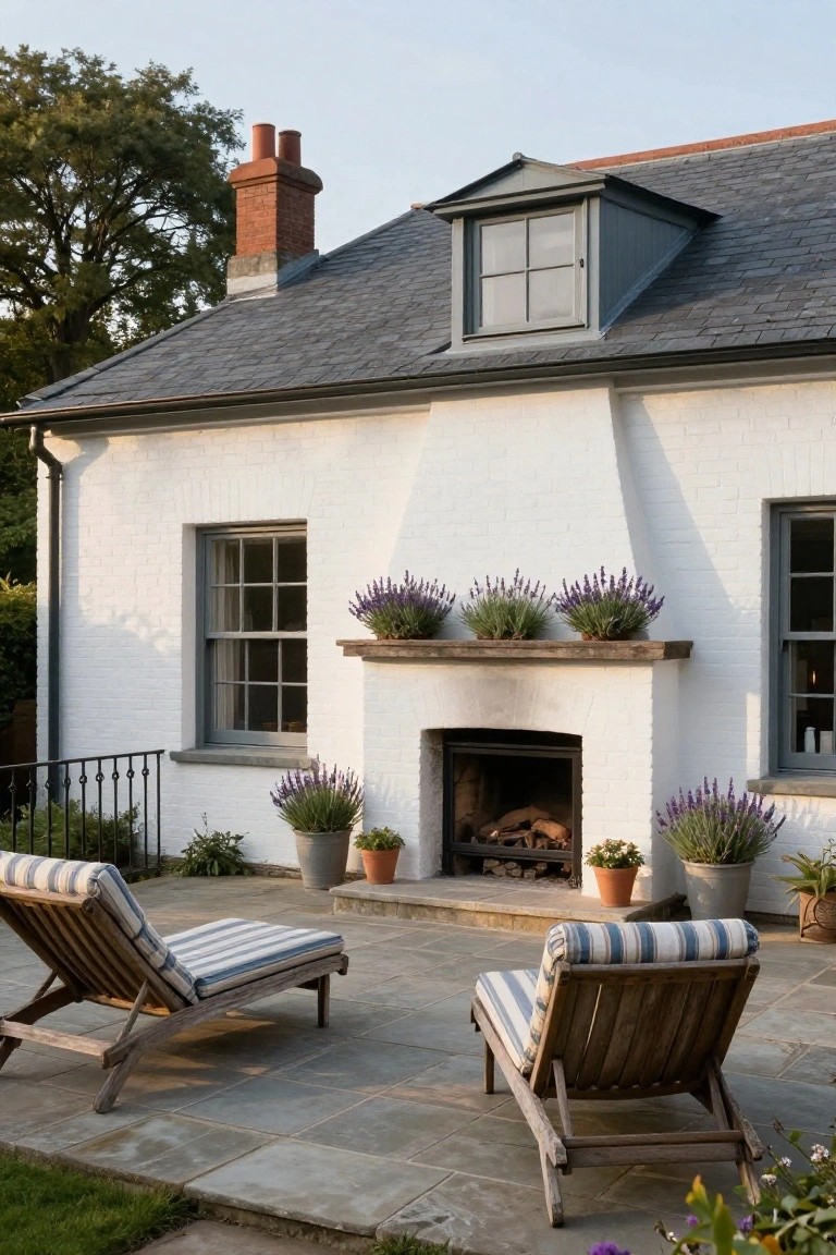 White painted brick house exterior with slate roof, gray-framed windows, outdoor fireplace built into the wall topped by wooden mantel with three lavender pots, additional potted plants nearby, and two striped wooden lounge chairs on stone patio.
