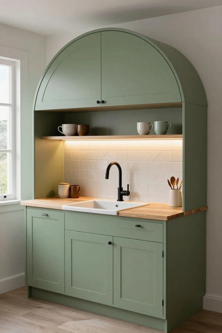 Sage green arched upper cabinets with open wooden shelving and LED underlighting above a white farmhouse sink, geometric white backsplash tiles, and butcher block countertop in a bright kitchen nook.