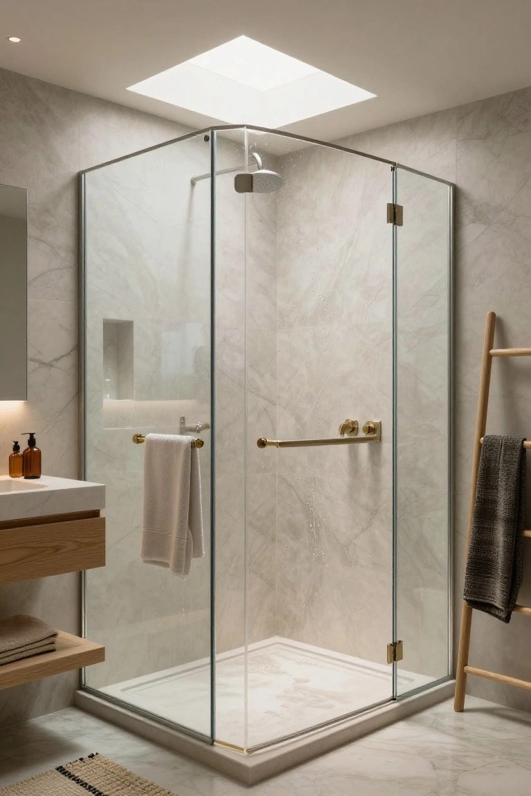 Modern bathroom interior with frameless glass corner shower enclosure, veined marble tiled walls and floor, brass towel bar and faucets, oak wood vanity and ladder towel rack, and square skylight overhead.