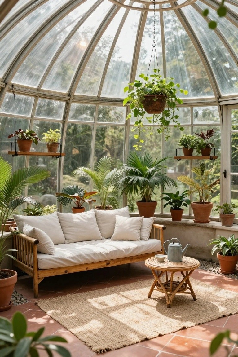 Glass conservatory interior with domed ceiling, wooden daybed with white cushions, small round table holding a teapot, numerous potted plants on shelves and floor, and hanging vines.