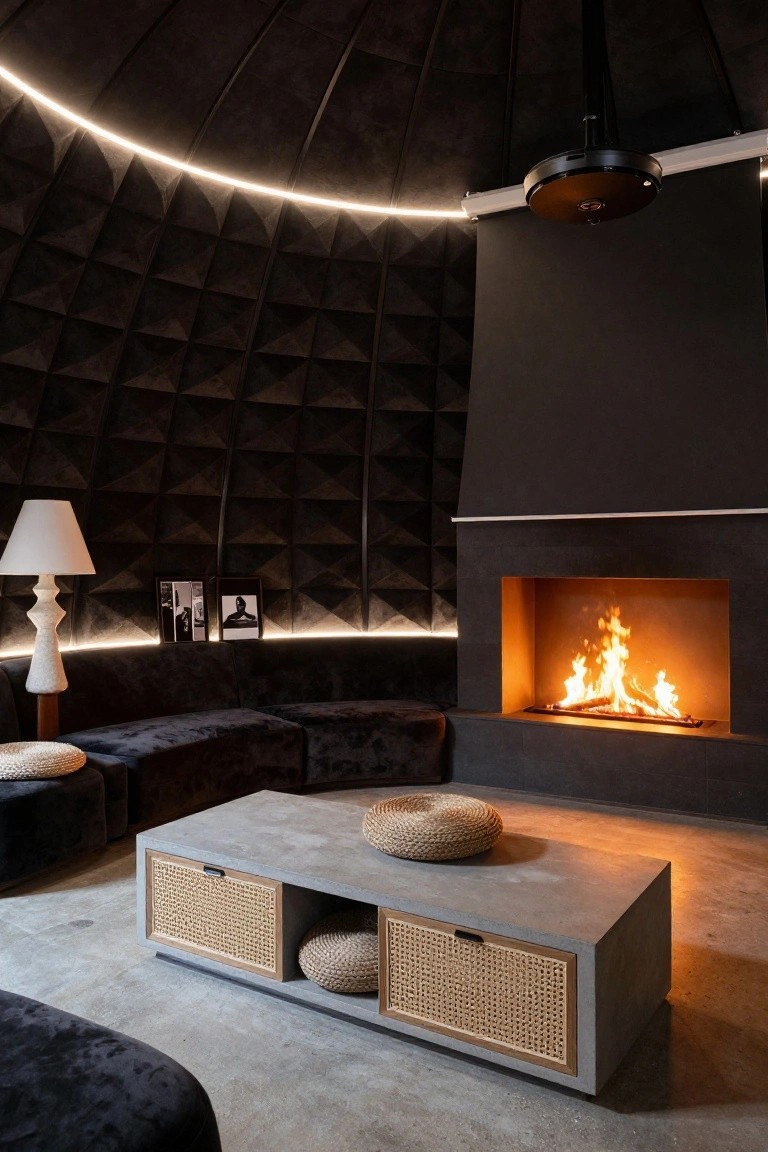 Black geodesic dome interior with quilted walls and ceiling, curved velvet seating, low concrete coffee table with rattan doors and cushions, floor lamp, framed photos, and modern fireplace with burning logs.