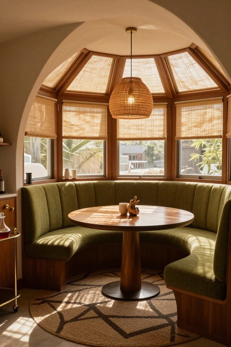 Octagonal interior room with curved green upholstered banquette seating around a round wooden table, rattan pendant light overhead, bamboo shades on wooden-framed windows, and wooden built-in base.
