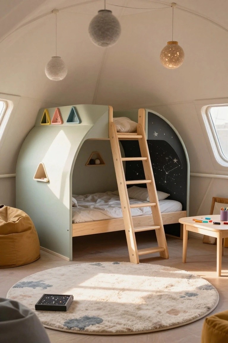 Child's bedroom inside a curved dome structure with mint-green arched bunk bed alcove, black starry wall backing, wooden ladder, bean bag chairs, small play table, and round rug under pendant lights.