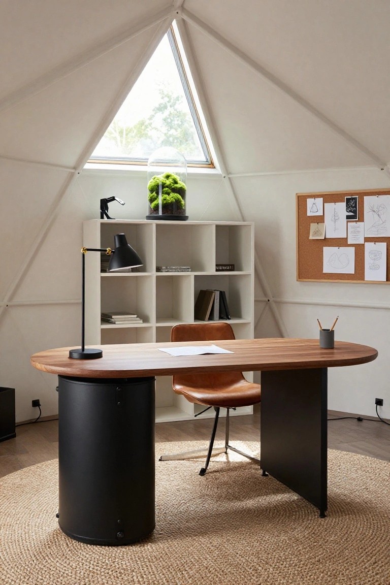 Modern wooden desk with black base, leather chair, and white bookshelf in bright office.