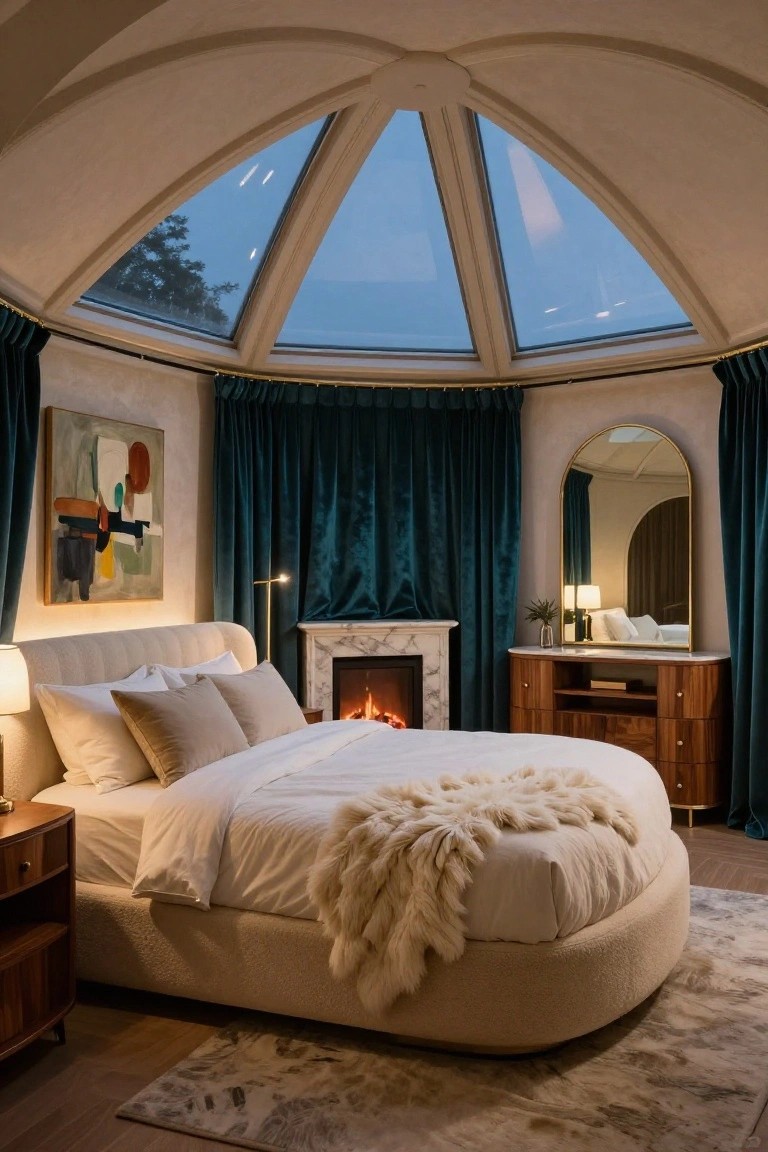 Geodesic dome bedroom interior with curved white walls, large triangular skylights in the ceiling, round upholstered bed with white linens and fur throw, marble fireplace, emerald green velvet curtains, arched gold mirror, and wooden furniture.