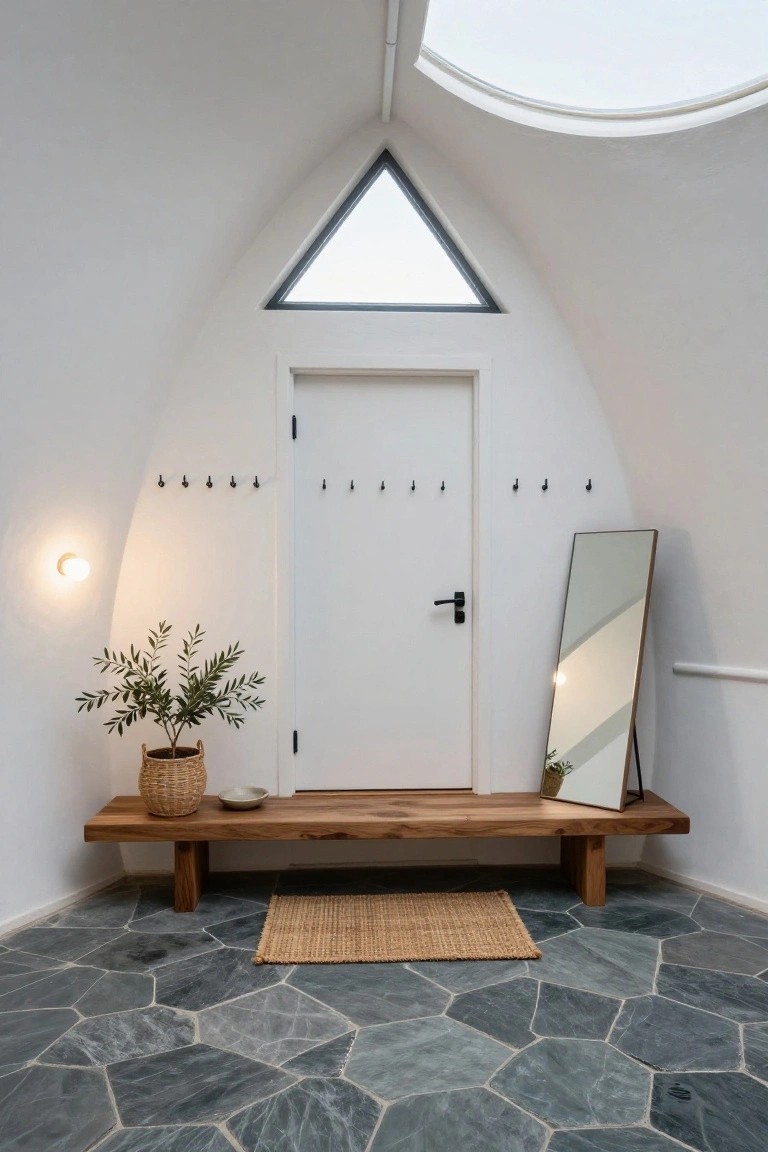 White curved interior of a geodesic dome entryway with wooden bench holding a potted olive tree and bowl, coat hooks flanking a white door, freestanding mirror, seagrass rug, and irregular dark slate tile floor.