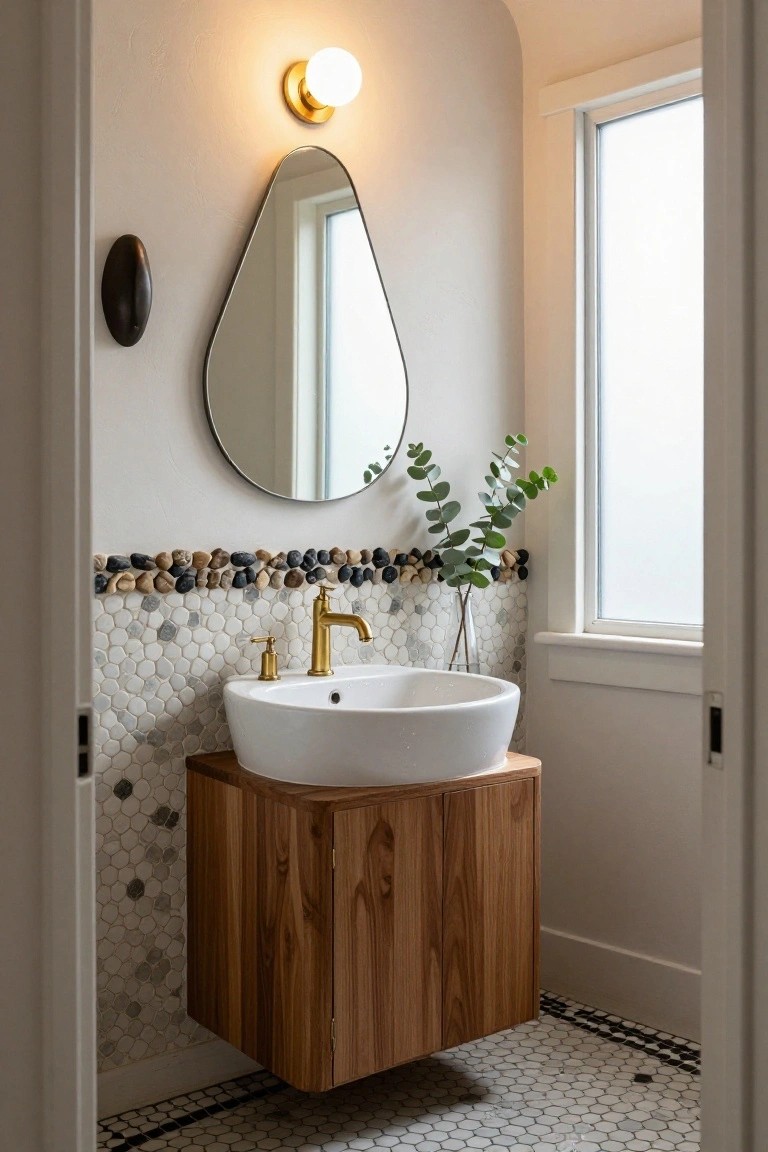 Closeup view of a small bathroom with curved walls, floating wooden vanity holding a white round sink and gold faucet, teardrop-shaped mirror, pebble-embedded mosaic tile backsplash, eucalyptus in glass vase, and black-and-white hexagonal floor tiles.