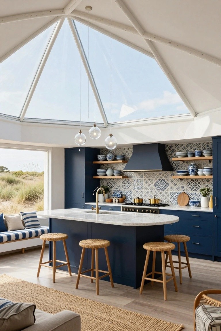 Modern kitchen interior under a pyramid-shaped glass skylight ceiling with navy cabinets, white marble island, rattan bar stools, blue-and-white tiled backsplash, and window views to coastal dunes and grass.
