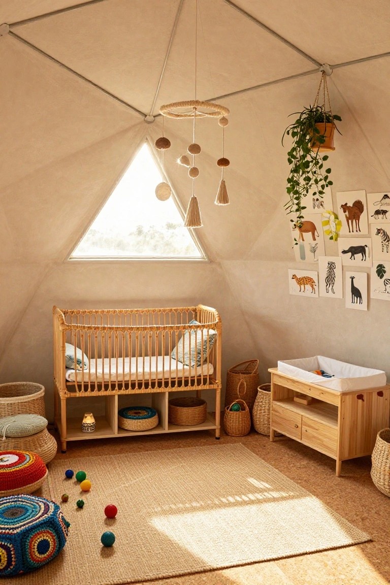 Geodesic dome interior styled as a nursery with rattan crib and matching base, wooden changing table, woven baskets, colorful poufs, scattered toy balls on a seagrass rug, animal prints on walls, hanging mobile, and potted plant.