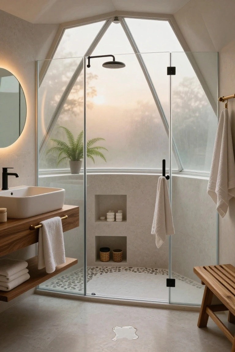 Modern bathroom in a geodesic dome with a large frameless glass shower enclosure facing angled windows, wooden vanity sink, towels hanging nearby, potted plant, and pebble shower floor.