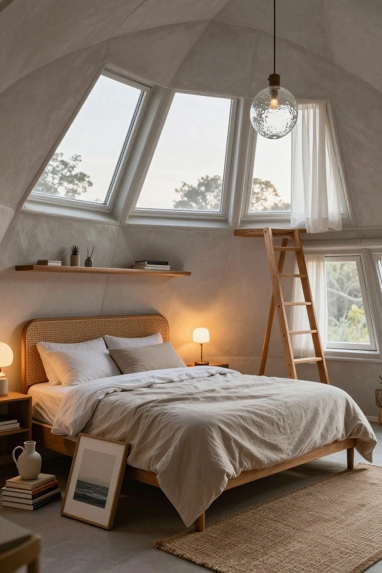 White geodesic dome bedroom interior with curved walls, multiple angled skylights showing trees, wooden bed with rattan headboard and beige linens, bedside lamps, leaning wooden ladder to loft, and floating shelves.