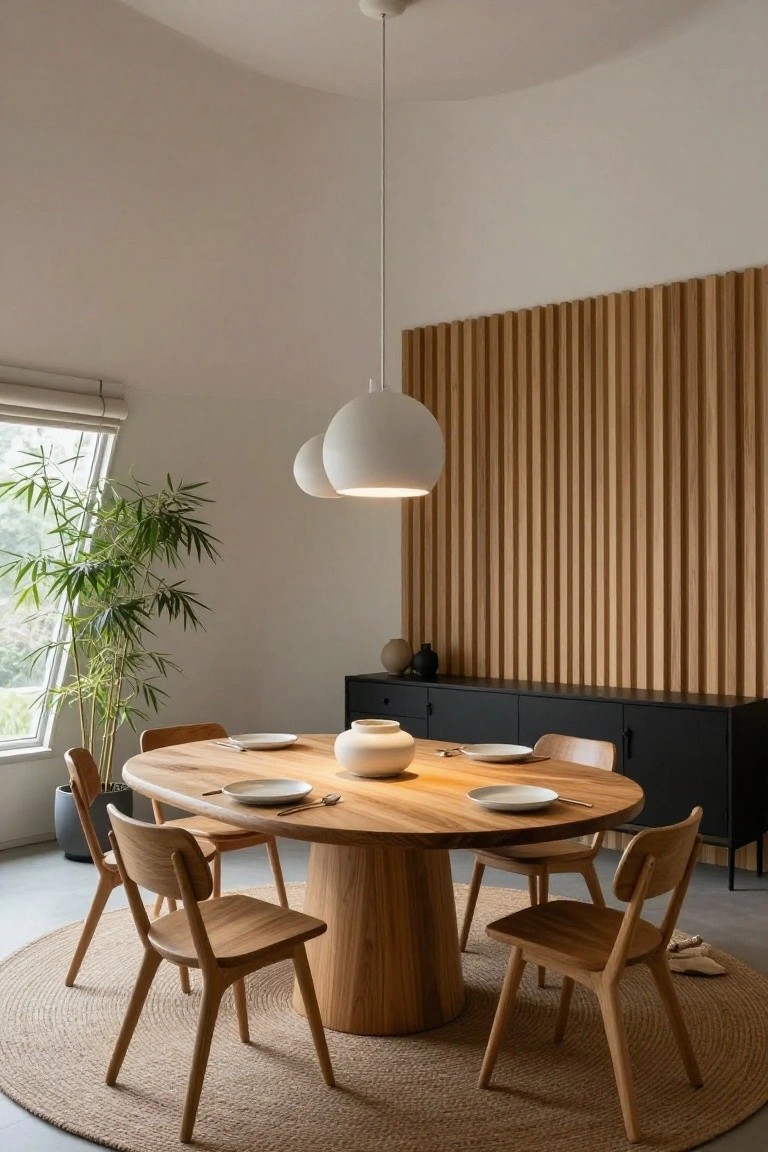 Dining room in a curved white interior with round wooden table and chairs, vertical slatted oak wall, black credenza with ceramics, double pendant lights, potted bamboo plant by window, and seagrass rug.