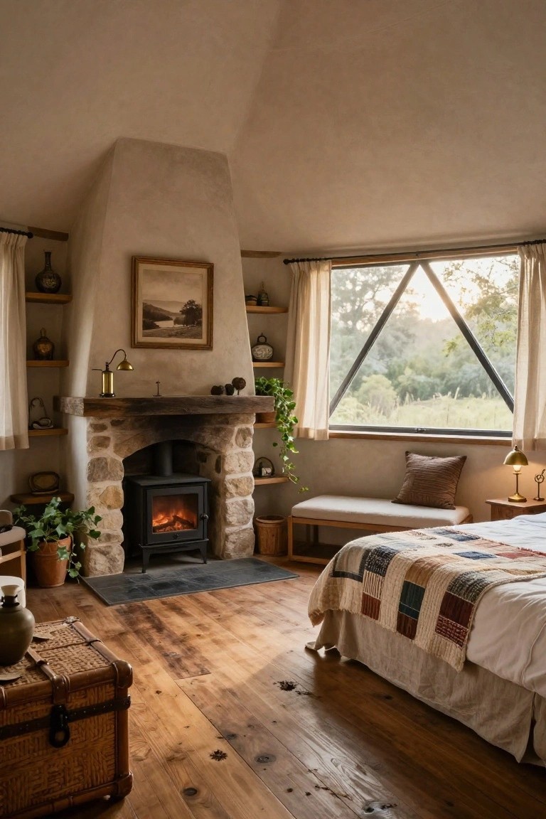 Cozy geodesic dome bedroom interior with stone fireplace and lit wood stove, wooden floors, low bed with patchwork quilt, plants on shelves, brass lamp, and triangular window showing trees outside.