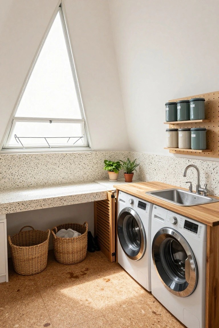 Laundry room interior with two white front-loading washers and dryers integrated under a wooden countertop featuring a stainless steel sink, speckled white counter surfaces, cork flooring, woven baskets, and a triangular window.